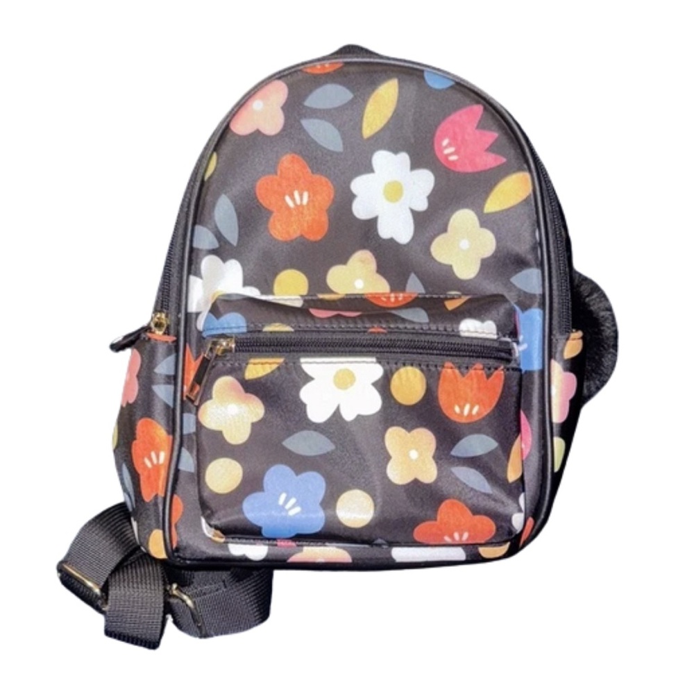 Black Floral Print Mini Backpack with a Soft Black Puff Bag Charm - Like Dreams